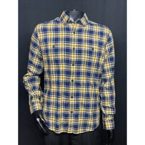 Express Mens Size Large Flannel Shirt Button Up Blue Yellow Plaid Long Sleeve